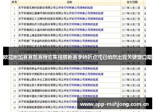 欧冠附加赛赛前赛程密集提醒新赛季转折点或已悄然出现关键窗口期 欧冠附加赛赛前赛程密集提醒新赛季转折点或已悄然出现关键窗口期